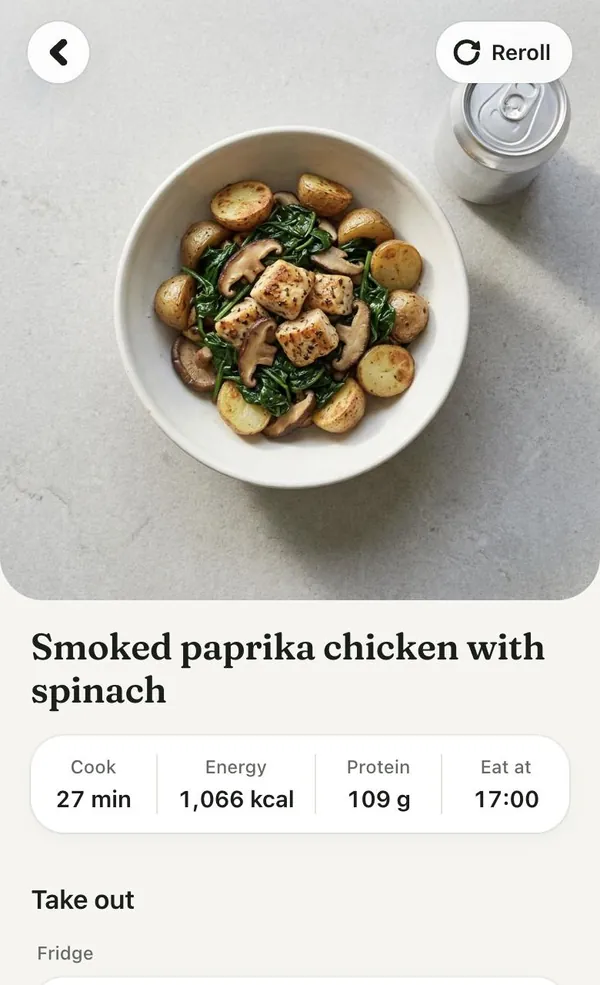 The meal screen: a photo of the plate, cook time 27 minutes, 1,066 kcal, 109 g protein, and what to take out of the fridge.